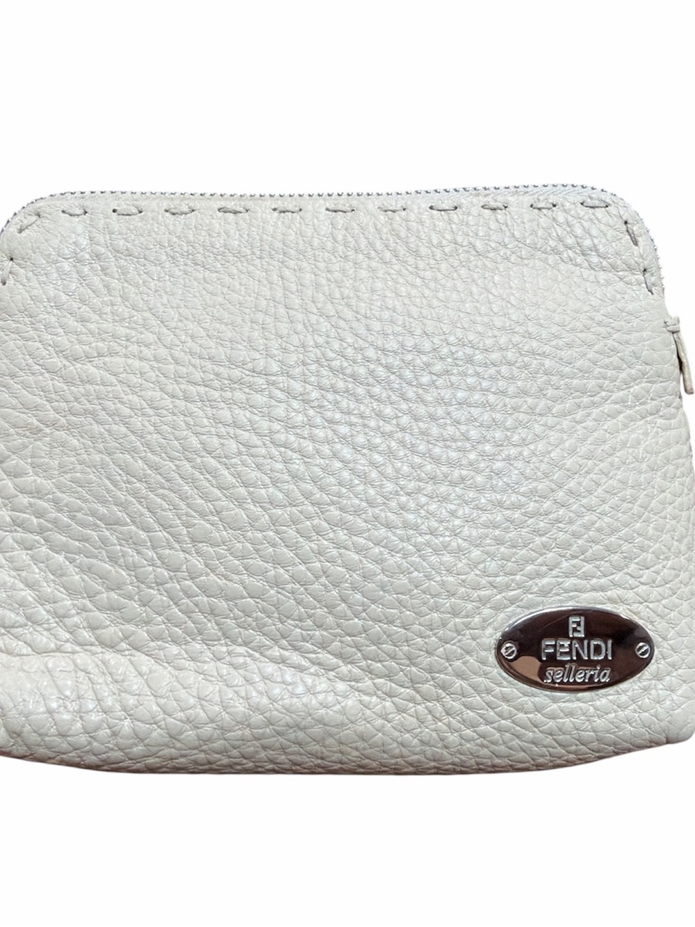 Fendi White Pebbled Leather Zip Cosmetic Pouch